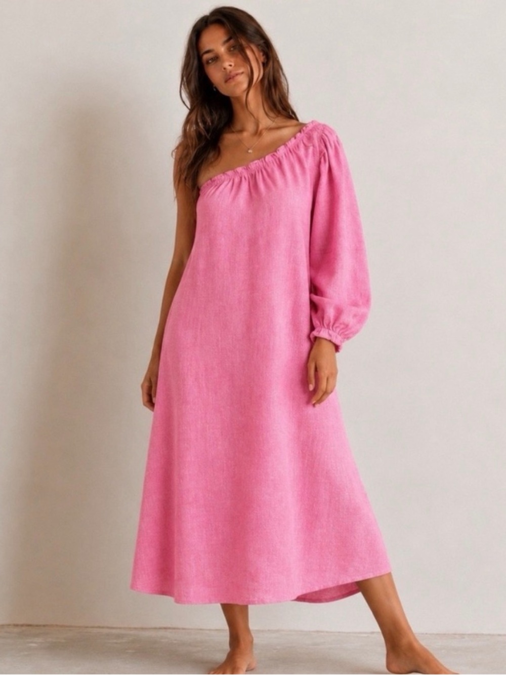 Lake One-Shoulder Pink Linen Dress